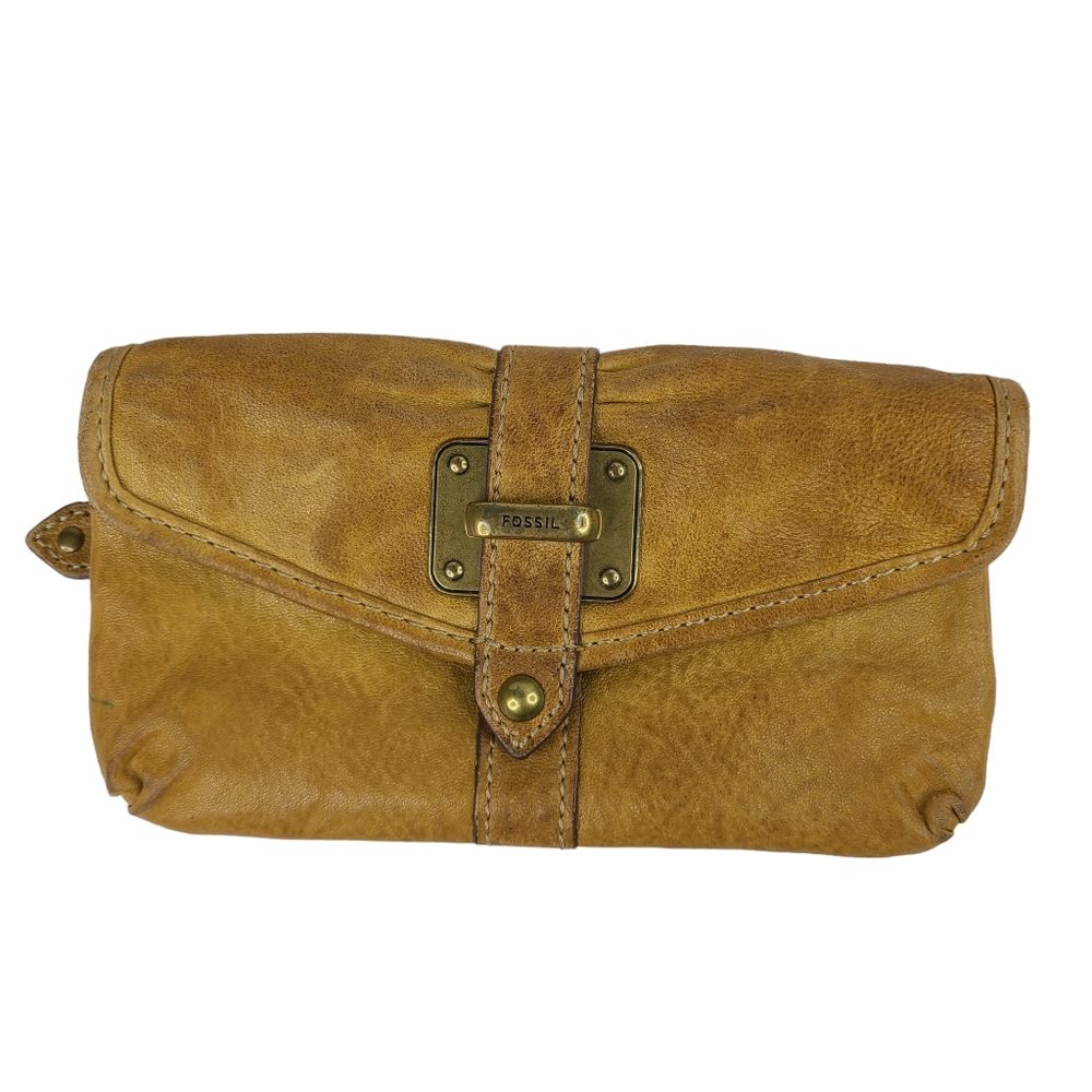Fossil camel tan brown leather clutch wallet